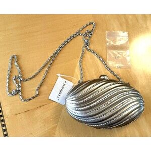 NWT Daniella SILVER Oval Luxury Rhinestone Evening Clutch Bag W/Chain